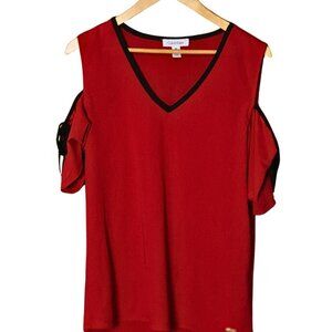 Calvin Klein Red Cold-Shoulder Top with Black Piping – Size M